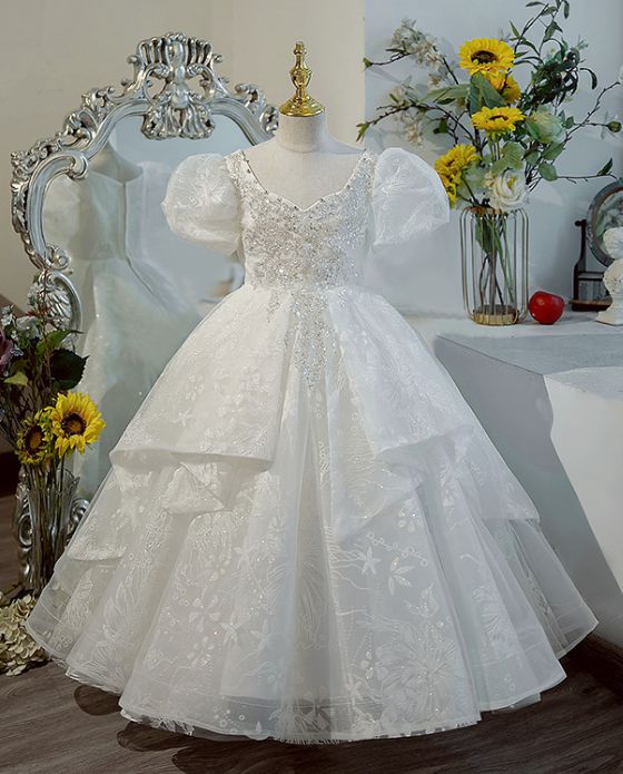 Robe de Bal à Manches Courtes en Dentelle avec Décolleté en Cœur et Appliques en Cristal