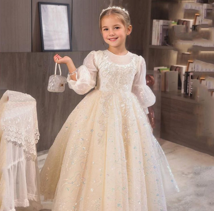 Robe de Soirée en Dentelle à Manches 3/4 et Col Rond pour Fille, Coupe Trapèze/Princesse, avec Appliques en Strass