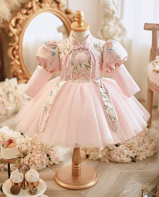 Robe de Soirée pour Bébé Fille avec Broderie, Col Haut, Longueur Genou, Manches Longues