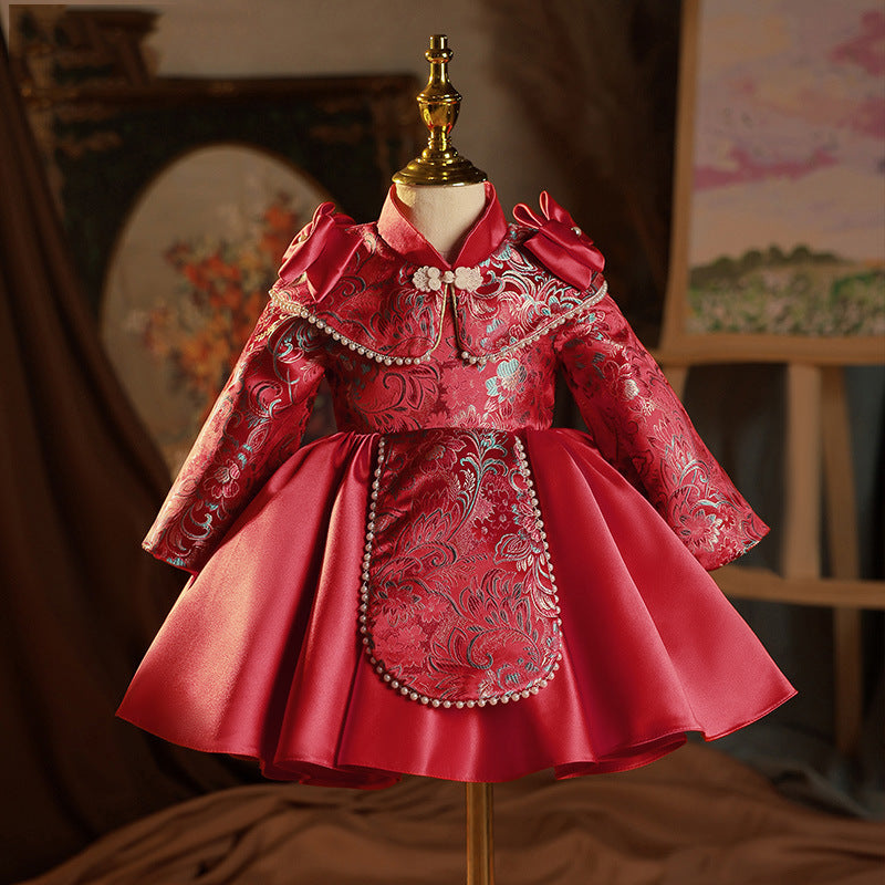Robe de Soirée pour Bébé Fille, Longueur Genou, Col Haut, Manches Longues, Broderie, avec Nœud
