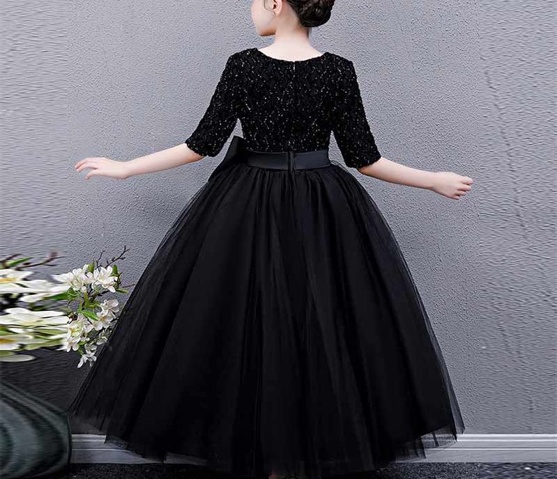 Robe de Soirée Trapèze/Princesse à Manches Mi-Longues et Col Rond pour Fille avec Nœud