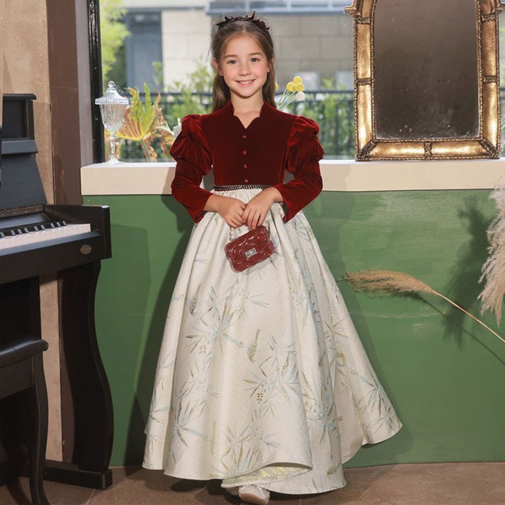 Robe de Soirée à Manches Longues pour Fille avec Broderie en Forme de A et Bouton Recouvert