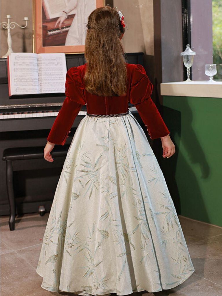 Robe de Soirée à Manches Longues pour Fille avec Broderie en Forme de A et Bouton Recouvert