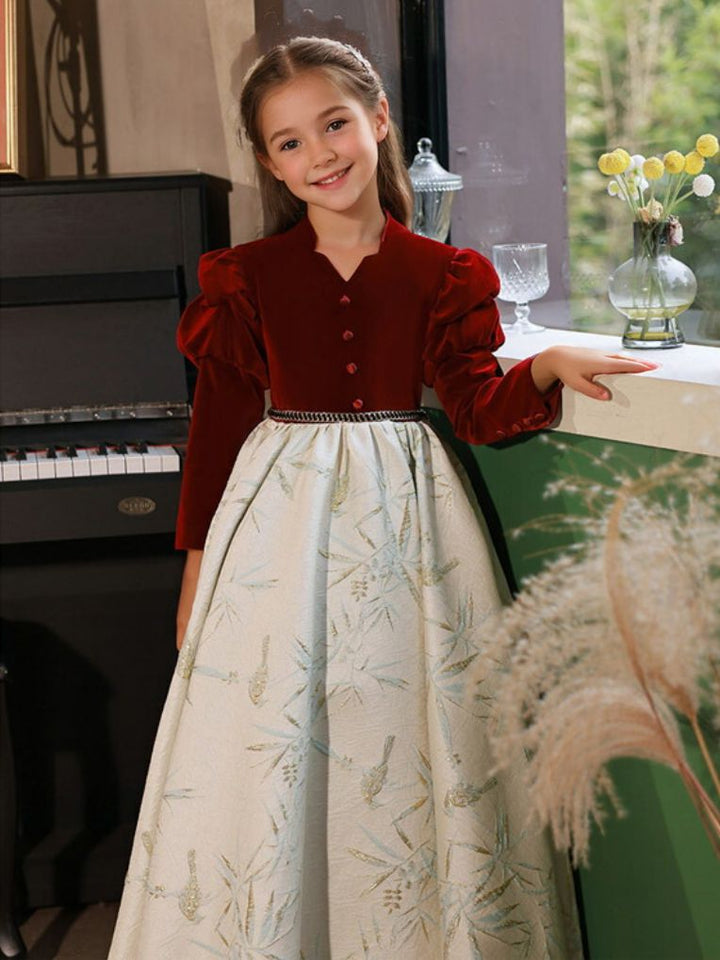 Robe de Soirée à Manches Longues pour Fille avec Broderie en Forme de A et Bouton Recouvert