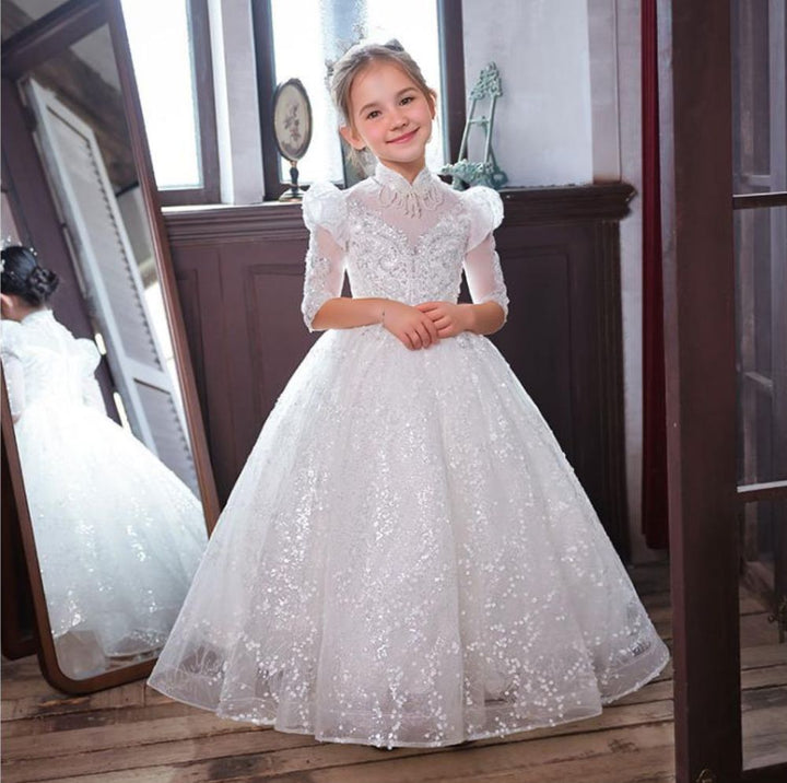 Robe de Soirée en Dentelle à Manches 3/4 de Forme A/Princesse pour Fille avec Appliques en Strass