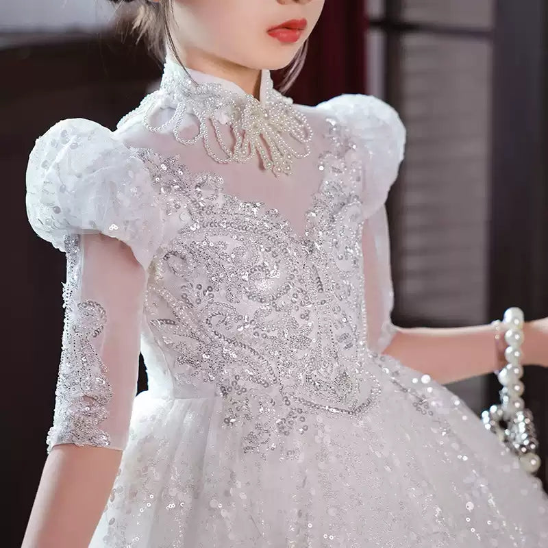 Robe de Soirée en Dentelle à Manches 3/4 de Forme A/Princesse pour Fille avec Appliques en Strass