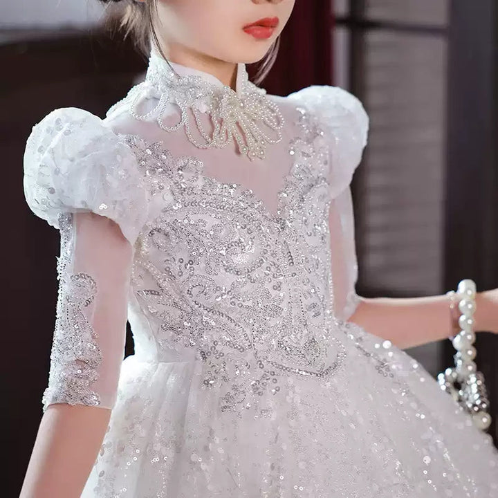 Robe de Soirée en Dentelle à Manches 3/4 de Forme A/Princesse pour Fille avec Appliques en Strass