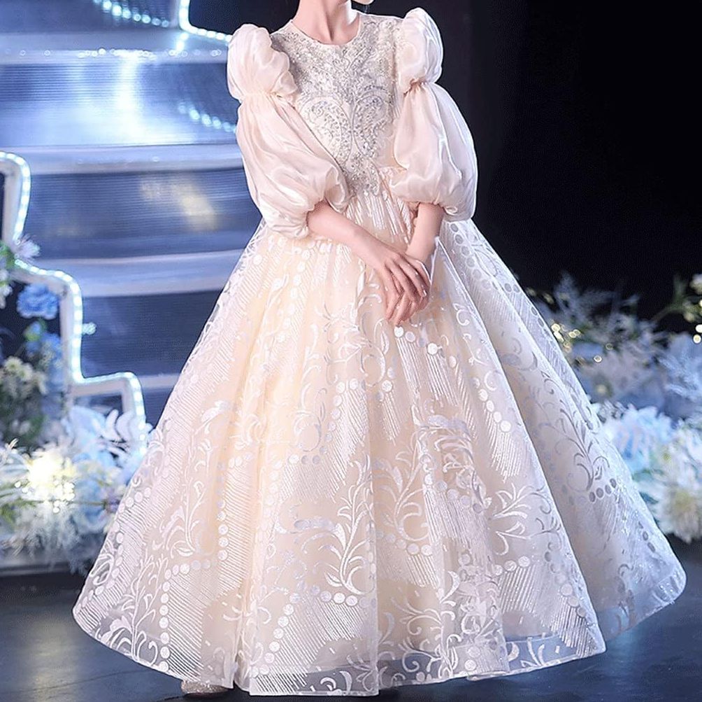 Robe de Soirée en Dentelle à Manches 3/4 et Col Rond pour Fille avec Appliques en Strass