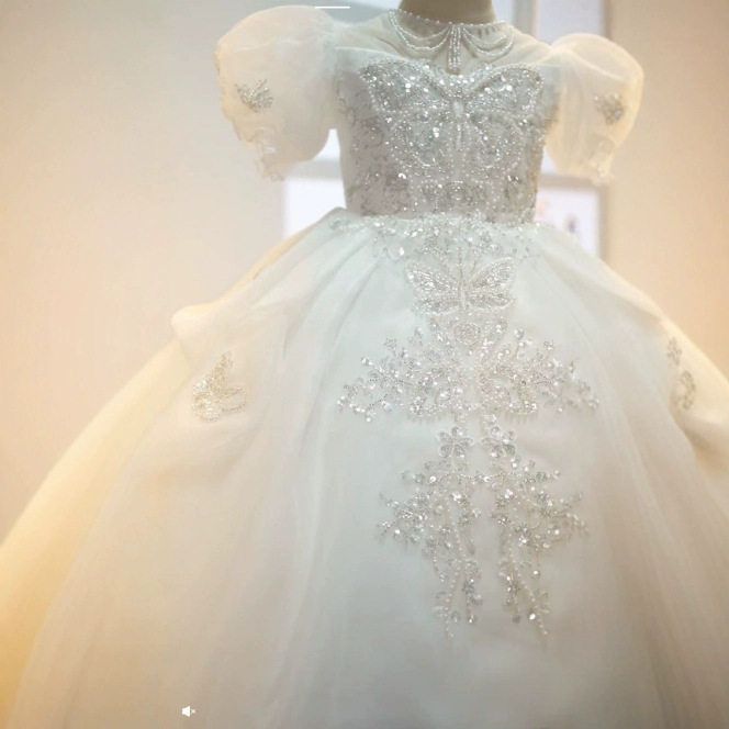 Robe de Soirée Princesse à Manches Courtes pour Fille avec Appliques en Strass