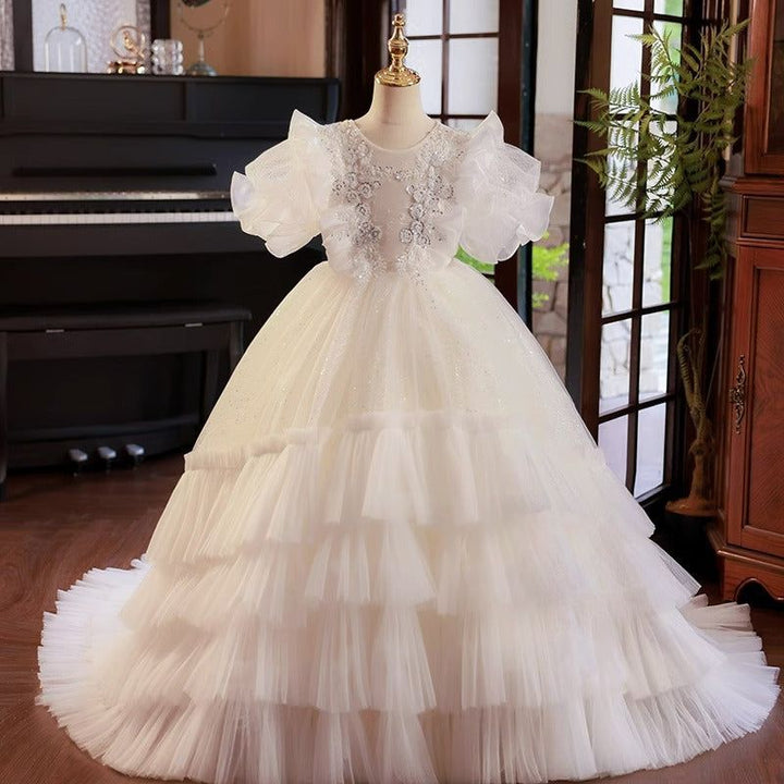 Robe de Bal à Volants en Tulle Superposée pour Demoiselle D'Honneur avec Appliques en Strass