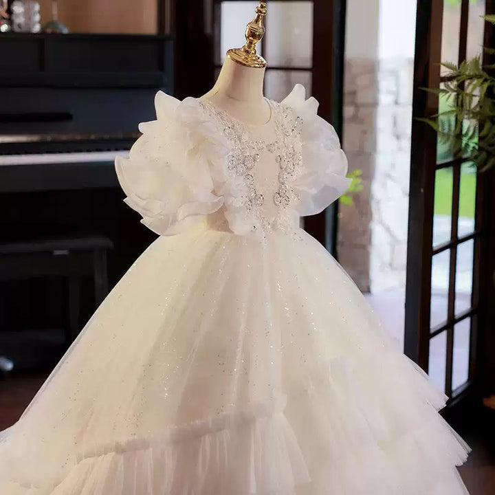 Robe de Bal à Volants en Tulle Superposée pour Demoiselle D'Honneur avec Appliques en Strass