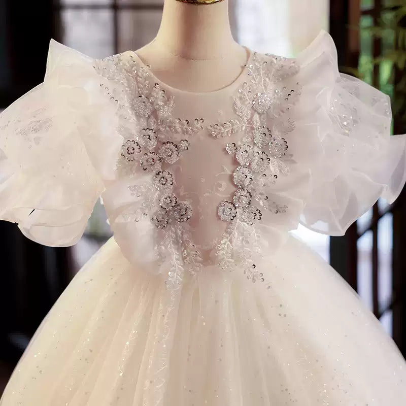 Robe de Bal à Volants en Tulle Superposée pour Demoiselle D'Honneur avec Appliques en Strass
