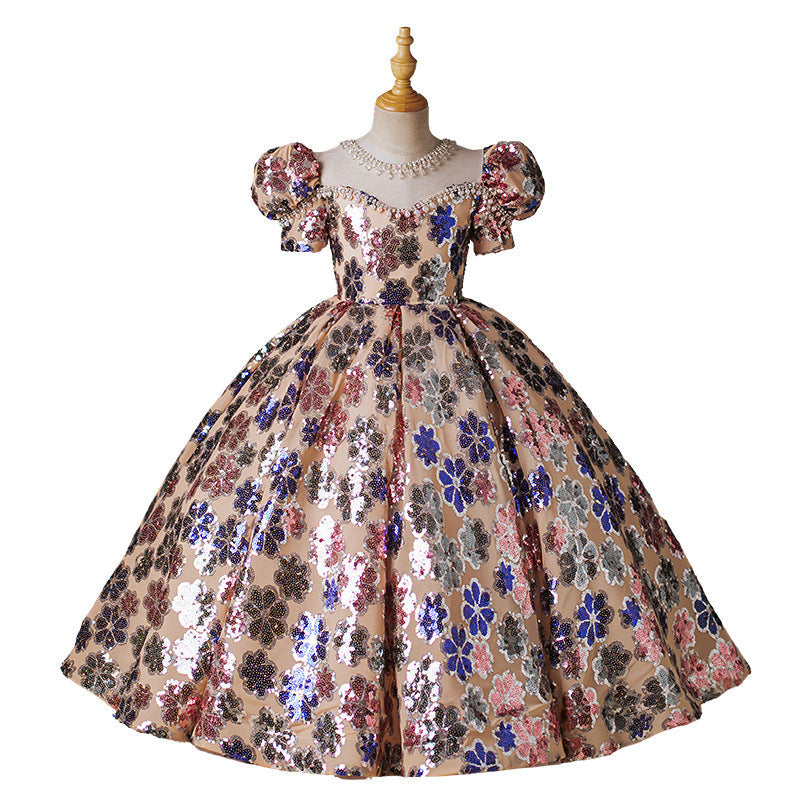 Robe de Soirée pour Fille à Manches Courtes et Col Rond avec Perles et Cristaux