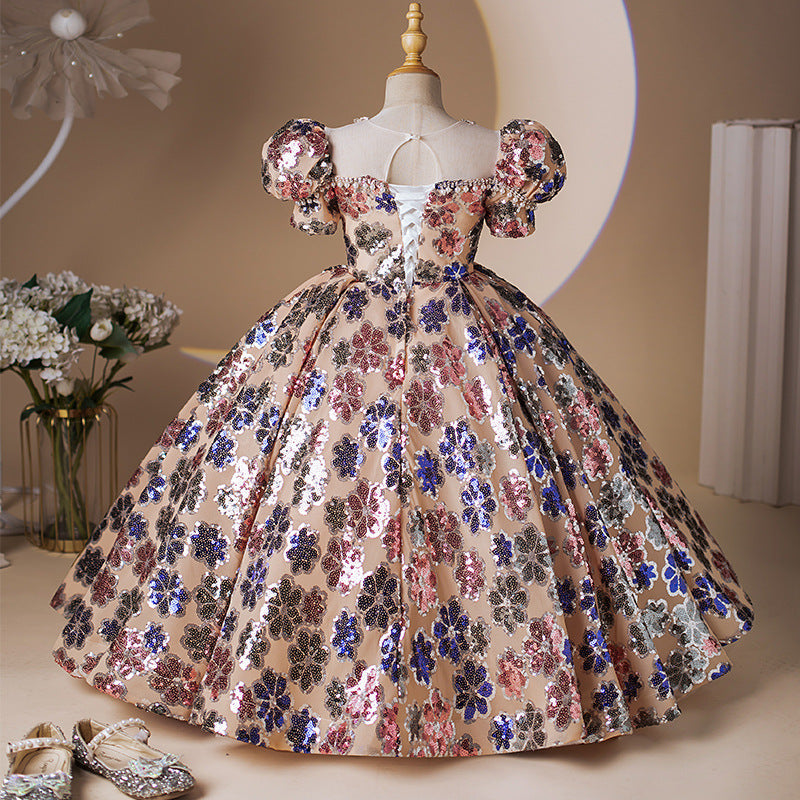 Robe de Soirée pour Fille à Manches Courtes et Col Rond avec Perles et Cristaux