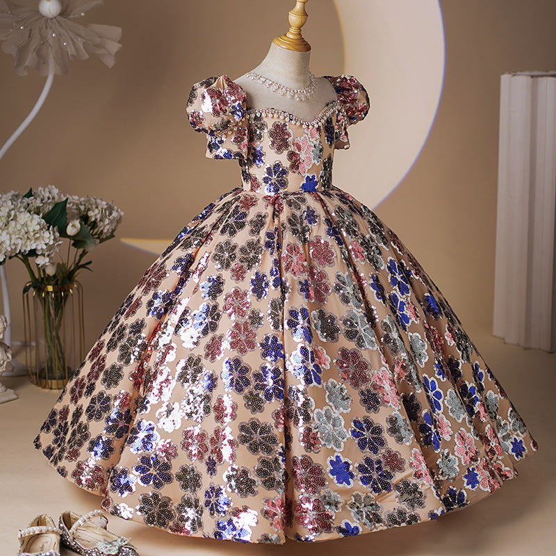 Robe de Soirée pour Fille à Manches Courtes et Col Rond avec Perles et Cristaux