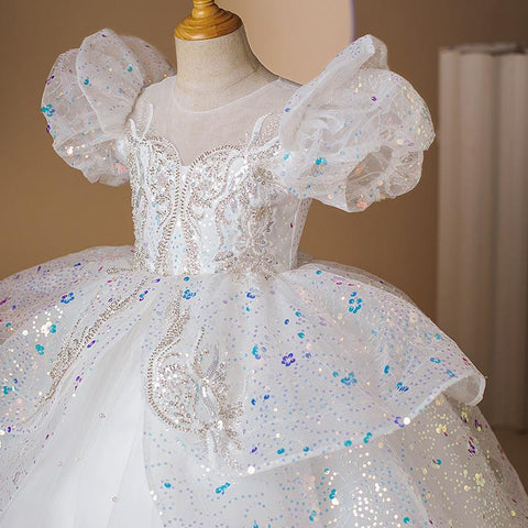 Robe de Soirée Princesse à Manches Courtes et Perles pour Fille avec Appliques en Strass