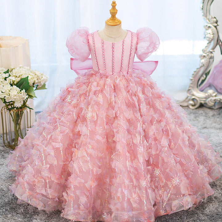 Robe de Soirée Princesse à Manches Courtes pour Fille avec Fleurs en Strass et Nœud