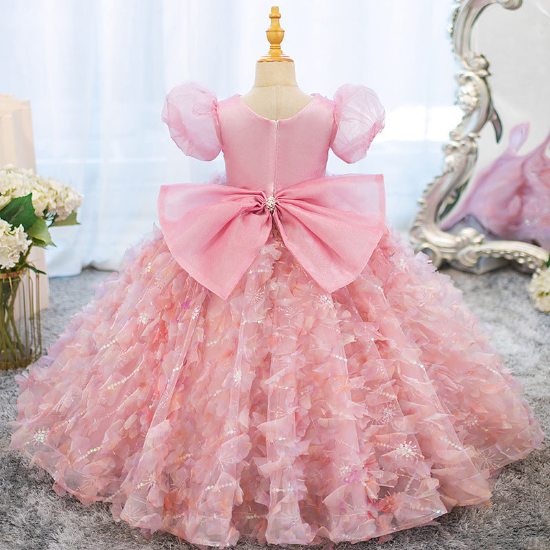 Robe de Soirée Princesse à Manches Courtes pour Fille avec Fleurs en Strass et Nœud