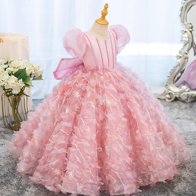 Robe de Soirée Princesse à Manches Courtes pour Fille avec Fleurs en Strass et Nœud