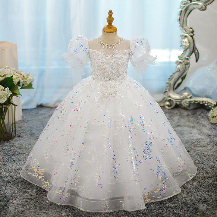 Robe de Soirée à Col Rond et Manches Courtes pour Fille avec Perles et Appliques en Cristal