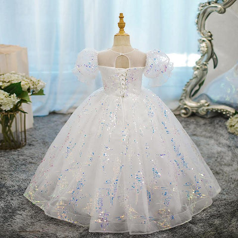 Robe de Soirée à Col Rond et Manches Courtes pour Fille avec Perles et Appliques en Cristal