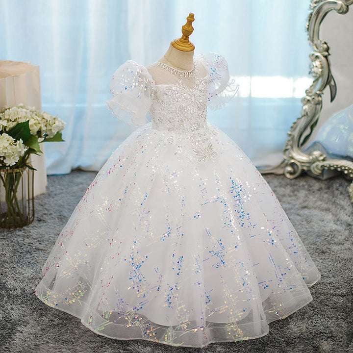 Robe de Soirée à Col Rond et Manches Courtes pour Fille avec Perles et Appliques en Cristal
