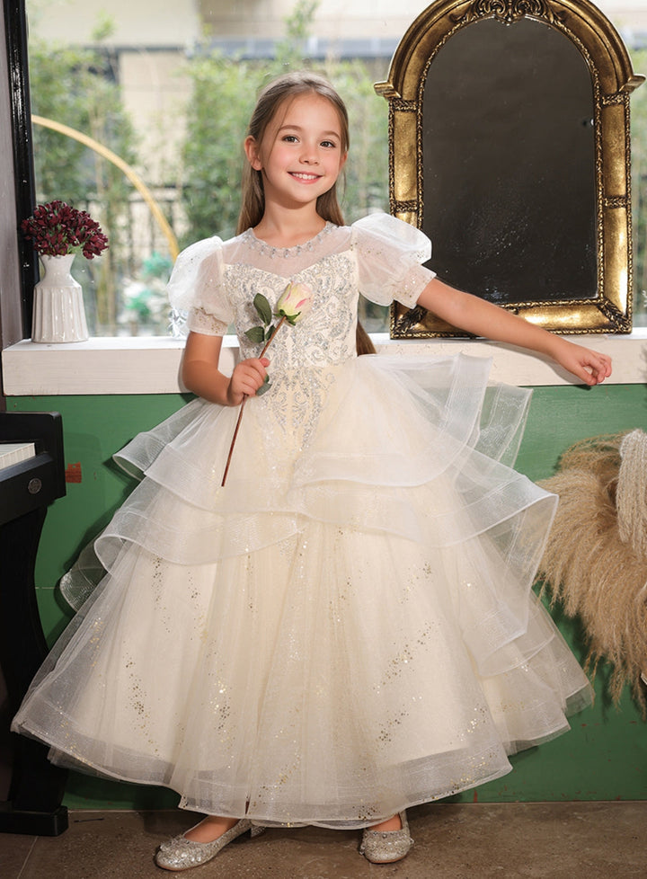 Robe de Soirée Princesse à Manches Courtes pour Fille avec Appliques en Strass