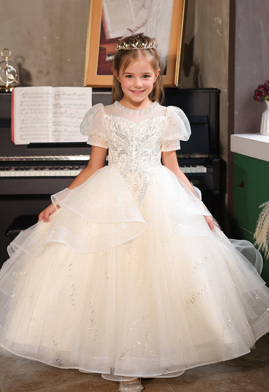 Robe de Soirée Princesse à Manches Courtes pour Fille avec Appliques en Strass