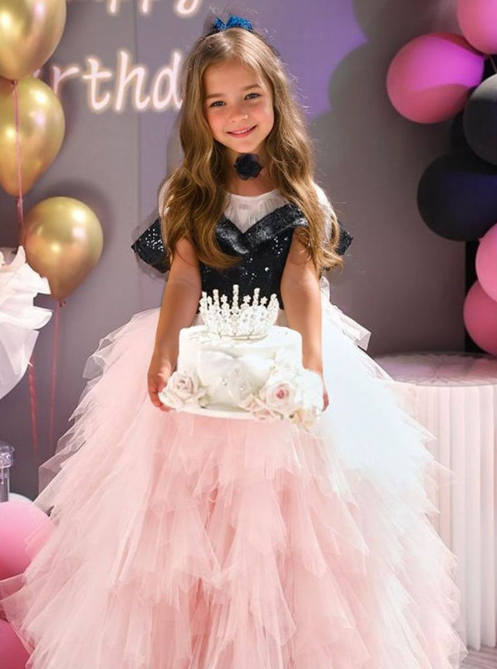 Robe de Soirée Trapèze/Princesse à Épaules Dénudées avec Volants en Tulle pour Fille
