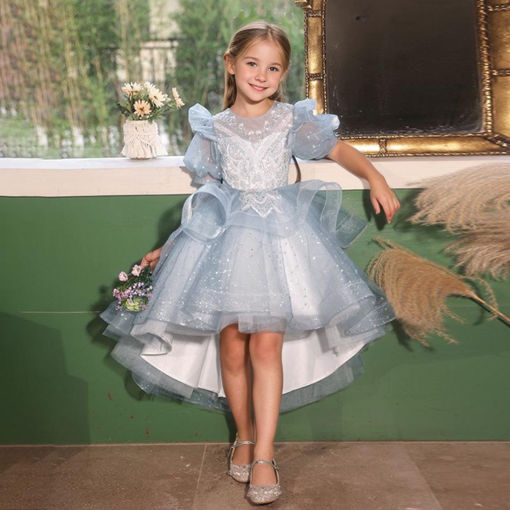 Robe de Soirée à Manches Courtes et Col Rond pour Fille avec Appliques en Strass