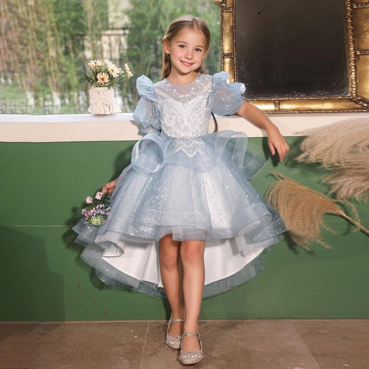 Robe de Soirée à Manches Courtes et Col Rond pour Fille avec Appliques en Strass