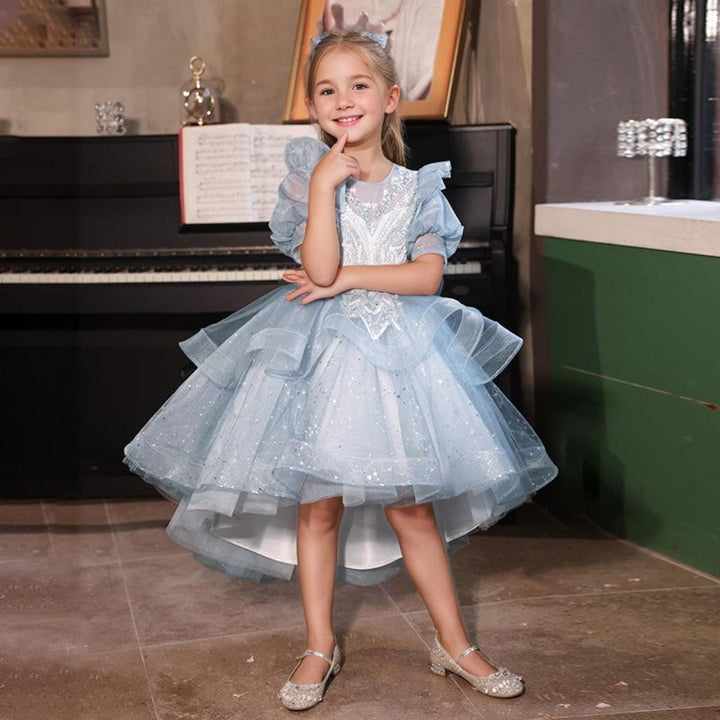 Robe de Soirée à Manches Courtes et Col Rond pour Fille avec Appliques en Strass