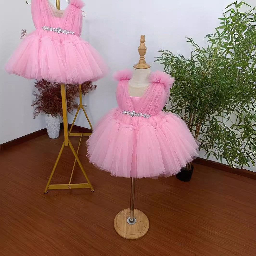 Robe de Soirée Princesse Sans Manches à Col Rond et Longueur Genou pour Bébé Fille avec Cristaux