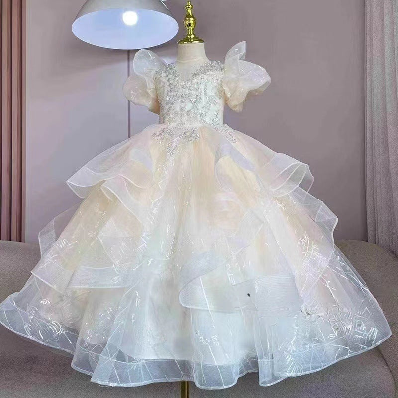 Robe de Soirée Princesse à Manches Courtes pour Fille avec Appliques en Strass