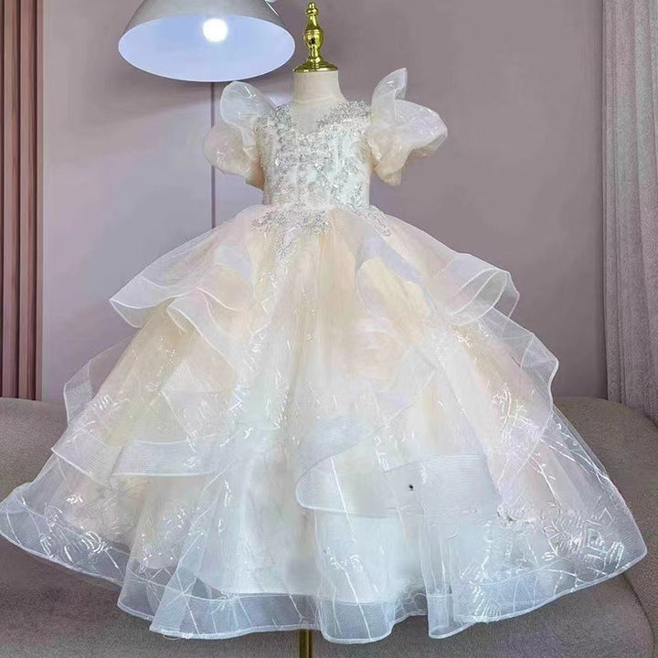 Robe de Soirée Princesse à Manches Courtes pour Fille avec Appliques en Strass
