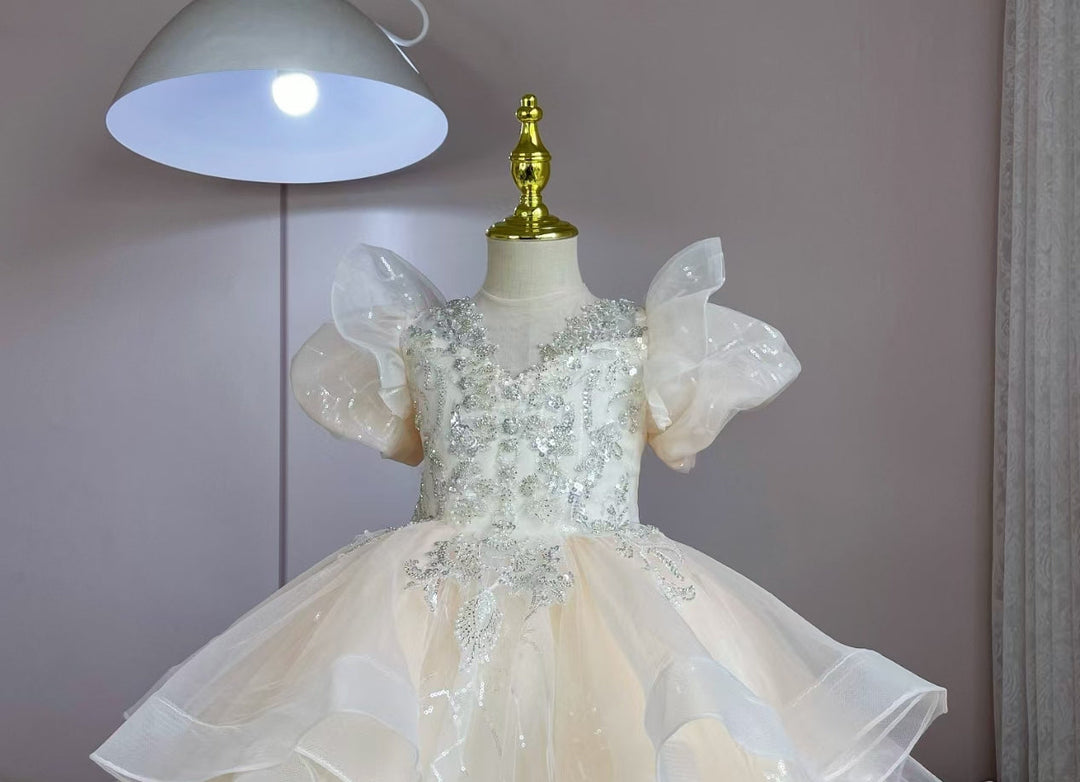 Robe de Soirée Princesse à Manches Courtes pour Fille avec Appliques en Strass
