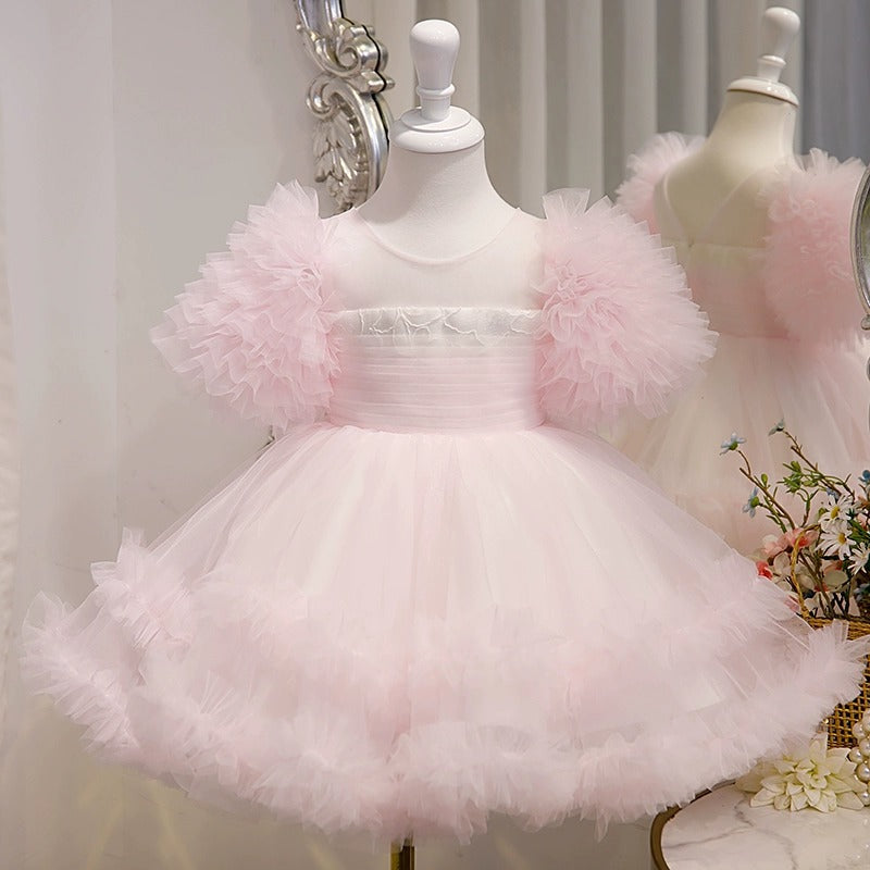 Robe de Soirée pour Bébé Fille, Longueur Genou, Volantée, en Tulle, Manches Courtes, Coupe Trapèze/Princesse