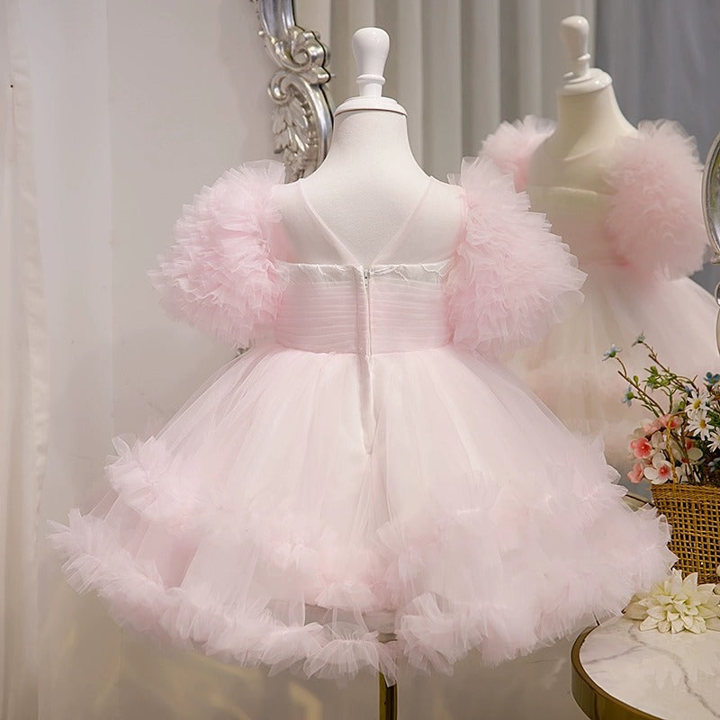 Robe de Soirée pour Bébé Fille, Longueur Genou, Volantée, en Tulle, Manches Courtes, Coupe Trapèze/Princesse