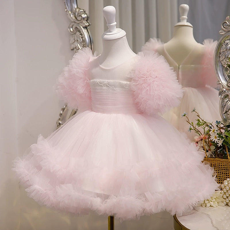 Robe de Soirée pour Bébé Fille, Longueur Genou, Volantée, en Tulle, Manches Courtes, Coupe Trapèze/Princesse