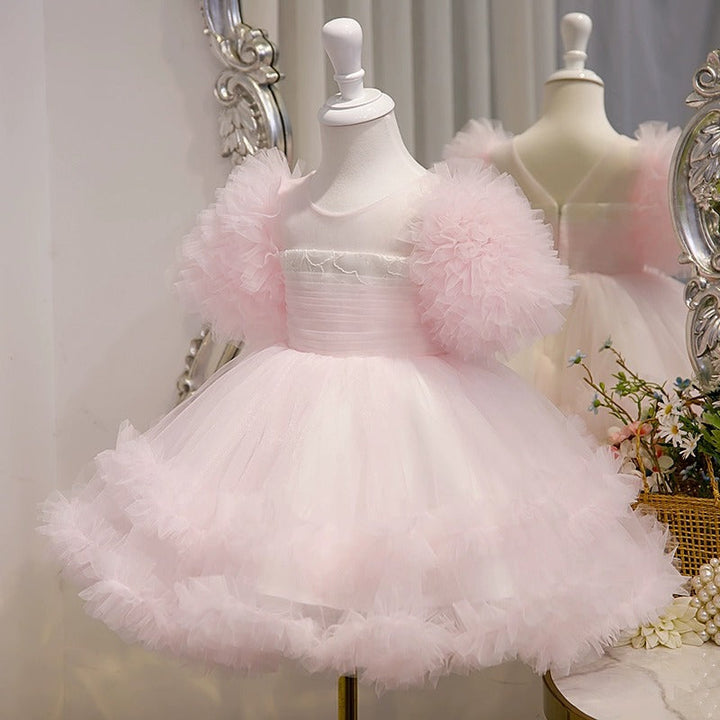 Robe de Soirée pour Bébé Fille, Longueur Genou, Volantée, en Tulle, Manches Courtes, Coupe Trapèze/Princesse