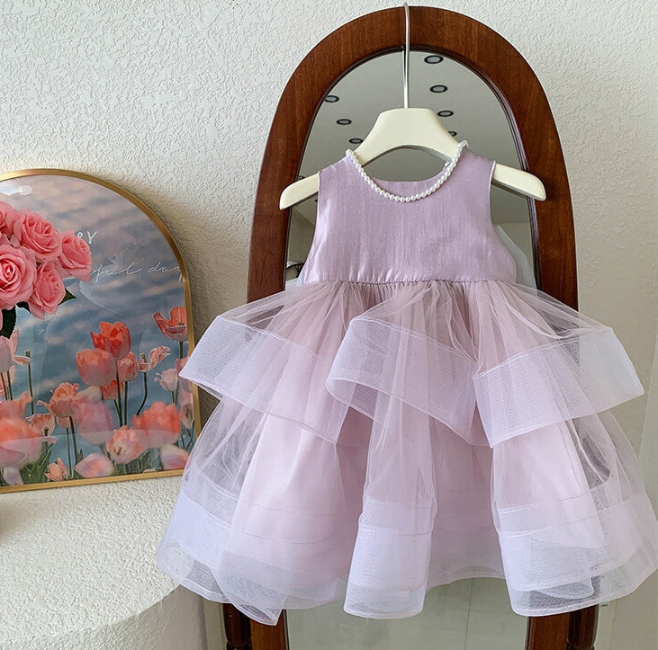 Robe de Soirée Princesse Sans Manches à Col Rond et Longueur Thé pour Bébé Fille avec Nœud