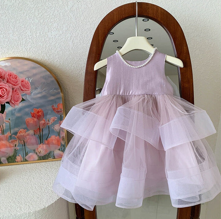 Robe de Soirée Princesse Sans Manches à Col Rond et Longueur Thé pour Bébé Fille avec Nœud