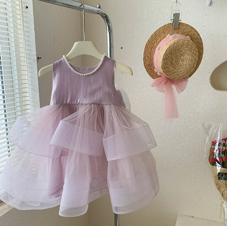 Robe de Soirée Princesse Sans Manches à Col Rond et Longueur Thé pour Bébé Fille avec Nœud