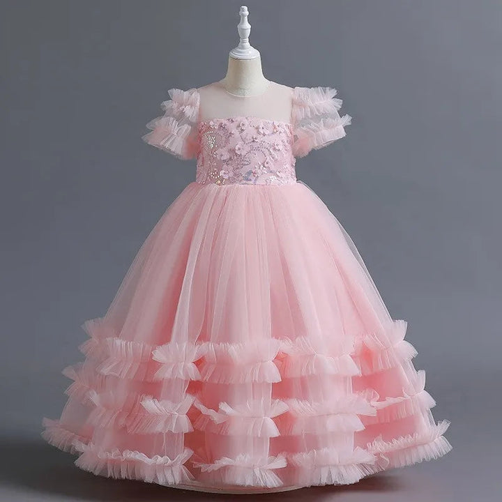 Robe de Soirée à Volants et Manches Courtes pour Fille avec Appliques de Fleurs en Perles