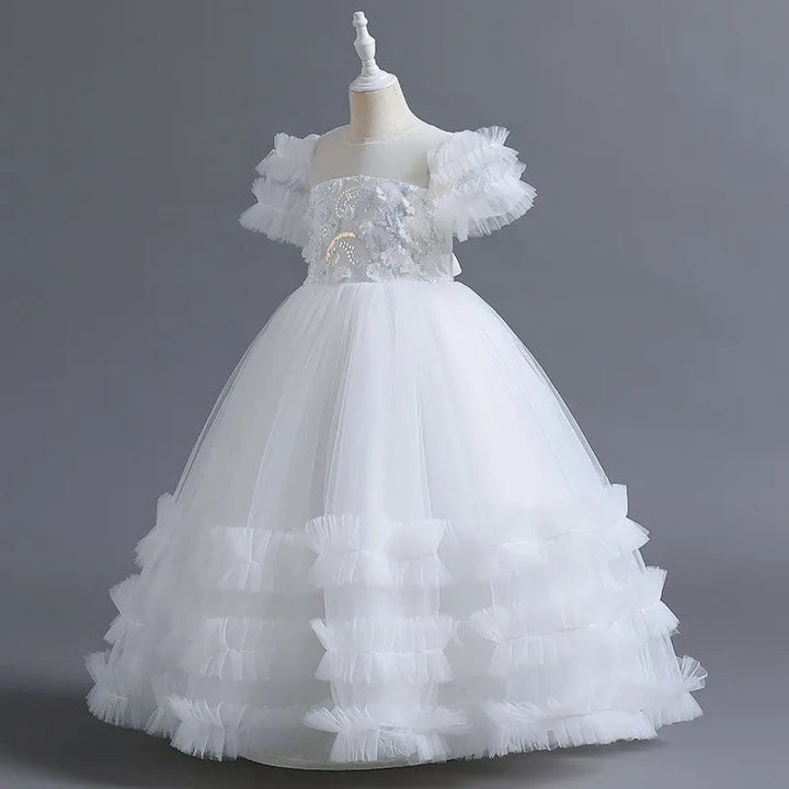 Robe de Soirée à Volants et Manches Courtes pour Fille avec Appliques de Fleurs en Perles