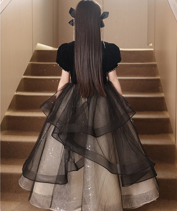 Robe de Soirée pour Fille à Col Carré et Manches Courtes avec Perles et Ceinture en Strass