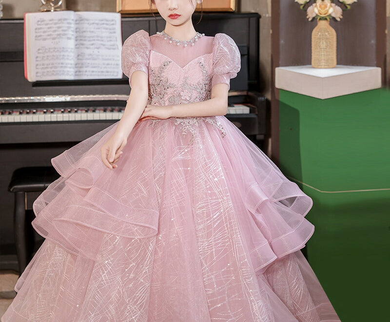 Robe de Soirée Princesse à Manches Courtes et Longueur Au Sol avec Appliques en Strass