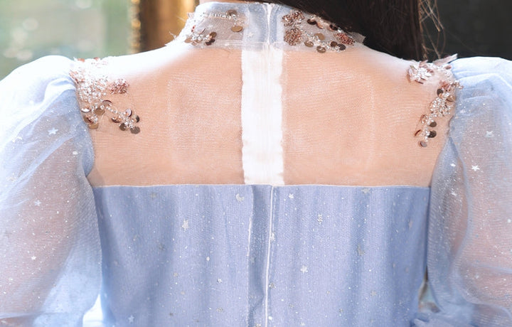 Robe de Bal à Col Haut et Manches 3/4 pour Demoiselle D'Honneur avec Strass