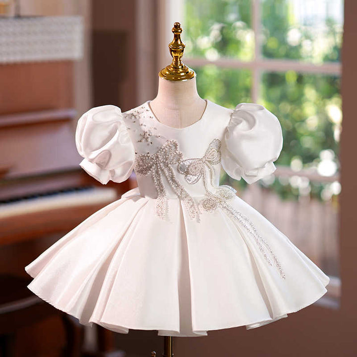 Robe de Demoiselle D'Honneur pour Bébé, Coupe A-Line/Princesse, Manches Courtes, Longueur Genou, avec Perles et Nœud