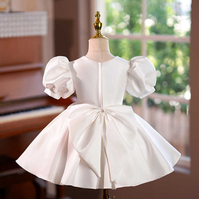 Robe de Demoiselle D'Honneur pour Bébé, Coupe A-Line/Princesse, Manches Courtes, Longueur Genou, avec Perles et Nœud